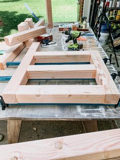 several pieces of wood sitting on top of a table