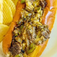 a close up of a hot dog with toppings and potato chips on the side