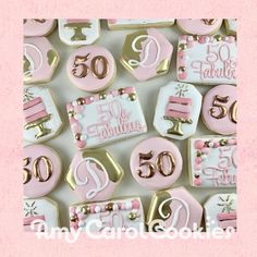 pink and gold 50th birthday cookies with white frosting