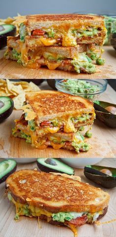 three different views of a grilled cheese sandwich with avocado