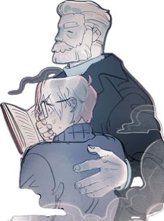 an older man and young woman hugging each other with their arms around one another, while looking at the book