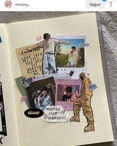 an open book with pictures and stickers on it