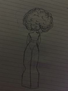 a drawing of a woman with curly hair and an afro on her head, standing in front of a piece of lined paper