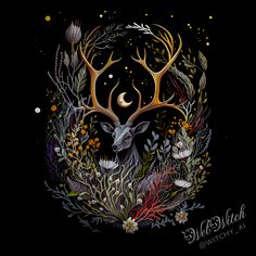 the deer is surrounded by flowers and plants with a crescent in the center on a black background