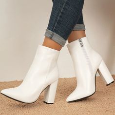 Handcrafted US sizing. Fits true to size. Heel Height: 4" / 100 mm approx Product measurements were taken using size 8. Please note that measurements may vary by size. Trending Heels, Chunky Heel Ankle Boots, White Booties, Knee Highs, Womens Chunky Heels, Fancy Shoes, Heel Ankle Boots, Boots Knee, Crazy Shoes