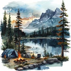 a watercolor painting of a camp site on the shore of a lake with mountains in the background