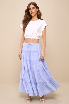 Relaxed Charm Periwinkle Gauzy Tiered Drawstring Maxi Skirt Feminine Cotton Maxi Skirt For Spring, Feminine Cotton Beach Skirt, Purple Maxi Skirt, Summer Dressing, Skirt Purple, Skirt Maxi, Women's Summer Fashion, Full Skirt, Boho Outfits