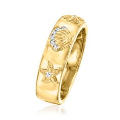 Ross-Simons - Diamond-Accented Sea Life Ring in 18kt Gold Over Sterling. Size 8. Take stacking into your own hands with a high-spirited ring that speaks to your unique personality! This beachy band is studded with a seashell and starfish glittering with diamond accents. Crafted in 18kt yellow gold over sterling silver. 1/4" wide. Diamond-accented sea life ring. Diamond birthstones are the perfect gift for April birthdays. Ocean Theme Jewelry Unique, Ocean Theme Jewelry, Dolphin Jewelry, Life Ring, Sea Jewelry, Diamond Birthstone, Shell Ring, Jewelry Accessories Ideas, Sterling Jewelry