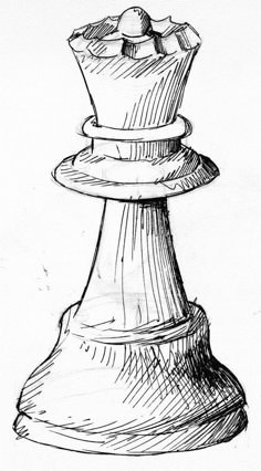 a black and white drawing of a chess piece on a table top with three pieces stacked up in the middle