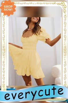 Yellow Low Back Smocked Puff Sleeve Mini Dress Summer Smocked Dress With Puff Sleeves And Ruffles, Fitted Puff Sleeve Dress With Smocked Bodice For Vacation, Summer Puff Sleeve Square Neck Dress In Solid Color, Casual Puff Sleeve Dress With Ruffles For Beach, Spring Billowy Ruched Smocked Dress, Summer Smocked Mini Dress With Puff Sleeves, Summer Puff Sleeve Smock Mini Dress, Summer Smock Mini Dress With Puff Sleeves, Billowy Puff Sleeve Mini Dress For Summer