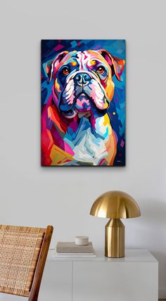 a painting of a dog on a white wall