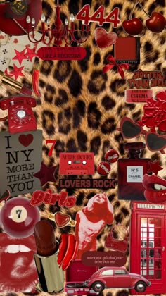 a collage of red and black items on a leopard print background with the words love you