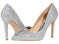 Badgley Mischka Cher II - Women's Shoes : Silver : Put the extra sparkle into any ensemble with the Badgley Mischka Cher II! This delicate heel is crafted with a textile upper, and features crystal embellishments and a stiletto heel. Ideal wedding shoe for the bride. Closed, pointed toe. Man-made lining. Lightly padded footbed. Wrapped heel. Leather sole. Imported. Weight of footwear is based on a single item, not a pair. Measurements: Heel Height: 4 in Weight: 10 oz Product measurements were ta Crystal High Heel Shoes For Formal Occasions, Crystal High Heels For Formal Occasions, Bedazzled High Heel Wedding Heels, Pointed Toe Crystal Embellished Heels, Crystal Embellished Pointed Toe Heels, Bedazzled High Heels For Wedding, Crystal High Heel Wedding Shoes For Evening, Crystal High Heels For Wedding, Chic Crystal Heels For Wedding