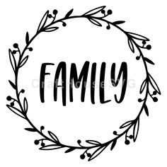 a black and white drawing of the word family in a round frame with leaves around it