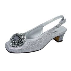 Floral Dara women's extra wide width evening dress pump will complete that polished look . This elegant ladies 1.5" low heel sling back accented with a decorative metallic beaded bow on toe cap and an all metallic glitter body creates a style and look that is eye catching unique for that special occasion. **About Manufacturer** Footwear International Corporation (FootwearUS), located in Fairfield NJ, began its manufacturing and wholesale operations in 1977 and has since continued to supply quali Silver Shoes Low Heel, Beaded Bow, Wide Width Shoes, Low Heel Shoes, Wide Shoes, Slingback Shoes, Silver Shoes, Pump Dress, Slingback Pump