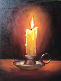 a painting of a lit candle on a plate