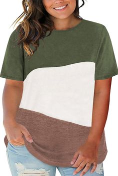 Green Plus Size Crew Neck Colorblock Tee Short Sleeve Patchwork Top In Contrasting Colors, Green Crew Neck Top With Contrast Color, Contrast Patchwork Short Sleeve Top, Casual Green Color Block T-shirt, Green Crew Neck T-shirt With Splicing, Green Short Sleeve Spliced Tops, Casual Green Patchwork Tops, Multicolor Spliced Short Sleeve T-shirt, Green Short Sleeve Tops With Splicing