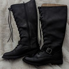 Size 7 1/2 Women's Wide Calf Boots Black New Without Tags. Lace Up With A Zipper. Black Wide Calf Knee-high Lace-up Boots, Black Knee-high Lace-up Boots For Fall, Black Closed Toe Lace-up Boots For Fall, Black Knee-high Combat Boots In Faux Leather, Black Knee-high Faux Leather Combat Boots, Black Wide Calf Lace-up Boots For Fall, Black Knee-high Lace-up Boots Medium Width, Black Medium Width Knee-high Lace-up Boots, Black Lace-up Combat Boots With Buckle Closure