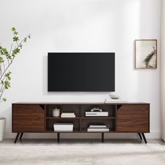 an entertainment center with a flat screen tv mounted on it's wall, next to a potted plant