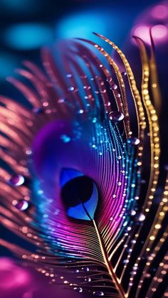 a colorful peacock feather with water droplets on it's feathers and its tail is shown