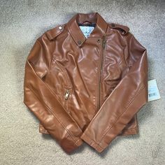 Purchased From Nordstrom Faux Leather Moto Jacket Size Large Nwt Color Cognac Monochrome Faux Leather Biker Jacket For Fall, Trendy Brown Faux Leather Biker Jacket, Brown Faux Leather Biker Jacket For Winter, White North Face Jacket, Animal Print Blazer, Plus Size Blazer, Olive Green Jacket, Cognac Color, Embellished Jacket