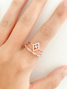 A gold-plated simple stacking ring set inspired by love in the holiday season! It feels classic yet playful. Perfect as a friendship ring/holiday gift and easy to be stackable and versatile. A fabulous everyday ring set!DETAILS:☆ Crafted in Silver and plated with rose gold. Nickel free.☆ High Quality Ring that lasts its color and beauty over time.☆ Diamond Shape Ring: 1/25 in or 1mm wide / Twisted Ring: 1/12 in or 2mm wide☆ Comes beautiful packaged, in our branded Jewelry Box. Gift Ready.☆ 3 siz Simple Stacking Rings, Gold Bad, Rose Gold Ring Set, Moon And Star Ring, Woven Ring, Friendship Rings, Braided Ring, Stacking Ring Set, Twisted Band