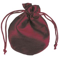 a red drawsack bag is shown on a white background with the string tied up to it