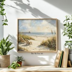 a painting hanging on the wall next to a potted plant and bookshelf