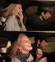 two pictures of a woman talking on a cell phone while sitting next to a man in a car