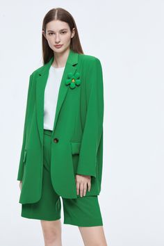 Details: Bright eye-catching green suit Wide oversize fit Chest three-dimensional cotton flower, eye-catching Large lapel design Materials & Care: Polyester 96.9%, Spandex 3.1% Non-washable, gentle dry cleaning Do not bleach Size & Fit: Model is 5'7", Bust 32, Waist 24, Hips 35, wearing a size S Item #: CL3SU05 Lapel Design, Chic Business Casual, Denim Jean Dress, Cotton Flower, Green Suit, Green Blazer, Shirt Sale, Skirts For Sale, Jeans Dress