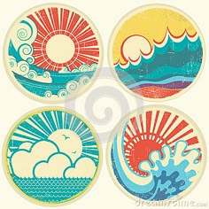 four sun and clouds in the sky over water with waves on them, set of four different