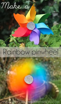 a rainbow pinwheel sitting on top of green grass with the words make a rainbow pinwheel