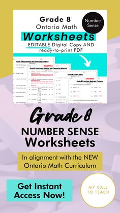 Grade 8 number sense worksheets that are in alignment with the new Ontario math curriculum. Get instant access now via My Call To Teach! Number Sense Worksheets, Math Numbers