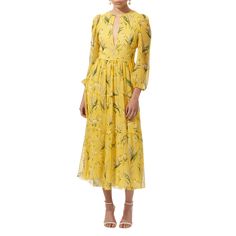 Carolina Herrera tiered dress printed with floral blooms  Round neckline Chest keyhole cutout Long blouson sleeves; elastic cuffs Hem falls below the knee A-line silhouette Invisible back zipper Silk Made in Italy Spring Midi Dress With Blouson Sleeves, Spring Midi Maxi Dress With Blouson Sleeves, Spring Maxi Dress With Blouson Sleeves, Chic Spring Midi Dress With Blouson Sleeves, Flowy Blouson Sleeve Dresses For Spring, Flowy Spring Dress With Blouson Sleeves, Spring Midi Dress With Blouson Sleeves For Daywear, Chic Midi Dress With Blouson Sleeves For Spring, Spring Tiered Maxi Dress With Gathered Sleeves