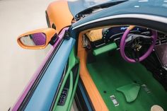 the interior of a car is brightly colored