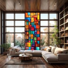 a living room filled with lots of furniture next to large windows covered in multicolored squares