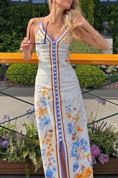 Lasaky - V Neck Backless Floral Sling Dress for Her Halter Long Dress, Halter Neck Maxi Dress, Printed Halter Dress, Long Dress Casual, Maxi Robes, Backless Maxi Dresses, Sling Dress, Loose Outfit, Womens Robes