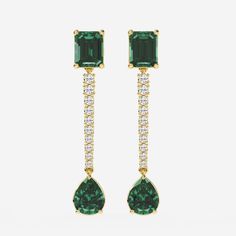 9X7mm Emerald Cut, 10x8mm Pear Cut Created Emerald and 3/4 ctw Round Lab Grown Diamond Linear Earrings 14K Yellow Gold Artsy Earrings, Linear Earrings, Harry Potter Wedding, Jewellery Box Making, Emerald Color, Green Gemstones, Pear Cut, Emerald Cut, Cute Jewelry