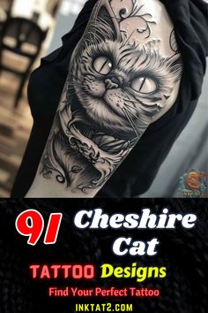 a person with a cat tattoo on their arm and the caption reads, 91 cheeshire cat tattoo designs find your perfect tattoo