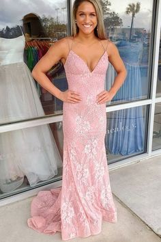 Prom Dresses Pink, Pink Evening Gowns, 2021 Prom Dresses, Lace Prom Dresses, Mermaid Pink, Long Formal Dress, Lace Material, Custom Size Dresses, Dresses Pink