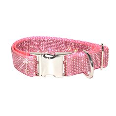 a pink dog collar with silver metal buckles and crystals on it's side