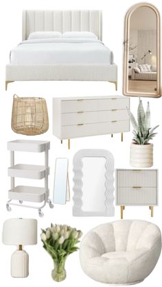 a collage of white furniture and accessories including a bed, dresser, mirror, chair, table, plant