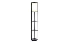 a tall black metal floor lamp with a white light on the top and two shelves below it