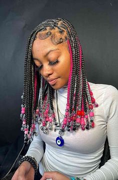 Short Knotless Braids With Beads Green, Short Braids With Beads With Color, Black Girls Hairstyles Braids With Beads, Box Braids With Beads, Braided Hairstyles For Black Kids, Bob Braids Hairstyles, Cute Box Braids, Short Box Braids Hairstyles, Short Box Braids