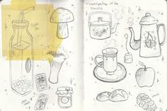 an open book with drawings of food and drinks on the pages, including teapots