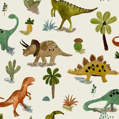 an image of dinosaurs and plants on a white background