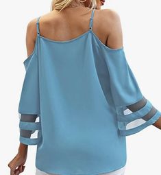 Stay on-trend this summer with our beautiful Cold Shoulder Blouse, featuring 3/4 bell sleeves with sheer detail. It's the perfect choice for pairing with white jeans on vacation or for a stylish Saturday night out. This blouse also includes adjustable straps for a customizable fit. Crafted from 100% polyester, it offers both style and ease of care. Elevate your summer wardrobe with this chic and versatile top. Trendy Cold Shoulder Summer Blouse, Casual Summer Tops With Mesh Sleeves, Summer Cold Shoulder Blouse For Day Out, Elegant Summer Tops With Mesh Sleeves, Summer Half Sleeve Tops For Day Out, Trendy Summer Blouse With Half Sleeves, Trendy Half Sleeve Tops For The Beach, Trendy Half Sleeve Beach Tops, Blue Half-sleeve Blouse For Summer