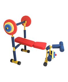 an exercise bench with two dumbbells attached to the back and one on wheels