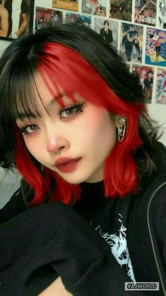 Aesthetic Colors To Dye Your Hair, Dyed Hair Styles For Black Hair, Whos Your Color Person, Colored Wolfcut Hair, Aesthetic Hair Color Short, Black Hair Dipped Ends, Red Underdye Hair Wolfcut, Dyed Hair On Brown Hair, Wolfcut Color Ideas