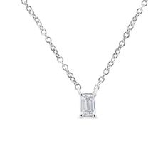 Elevate your everyday look with this unique 1/3 cttw solitaire diamond pendant. This beautiful necklace is crafted in 14k white gold, a metal that will stay tarnish free for years to come. The diamond has a unique emerald shape and is embellished in a classic 4-prong setting. The diamond has a G-H color and a VS2-SI1 clarity. It shines on an 18 inch cable chain that will rest delicately on your neckline. Include this timeless pendant in your growing jewelry collection and you won't be disappoint Emerald Cut Solitaire Diamond Necklace For Anniversary, Baguette Cut Solitaire Diamond Necklace, Diamond White Emerald Cut Sterling Silver Necklace, Emerald Cut Diamond White Sterling Silver Necklace, Emerald-cut Diamond White Sterling Silver Necklace, White Gold Diamond Necklace With Emerald Cut, Emerald Cut Single Diamond White Gold Necklace, Emerald Cut Solitaire Diamond Necklace, Emerald Cut Diamond Solitaire Necklace In Diamond White